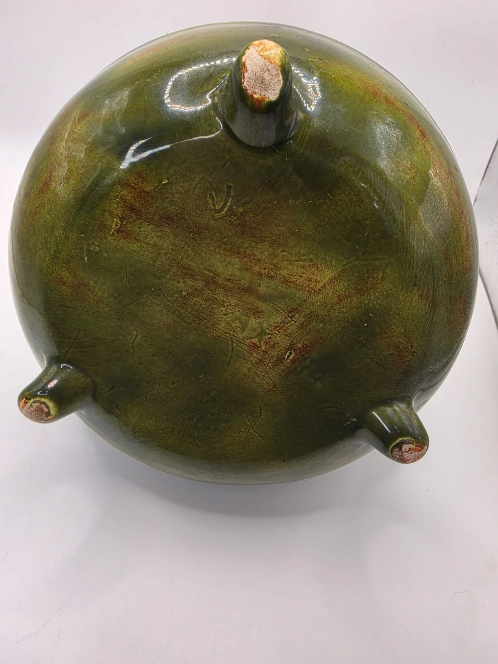 Vintage 1960s Glazed Ceramic Stoneware Teapot in Olive Green with Coil Wire Hand